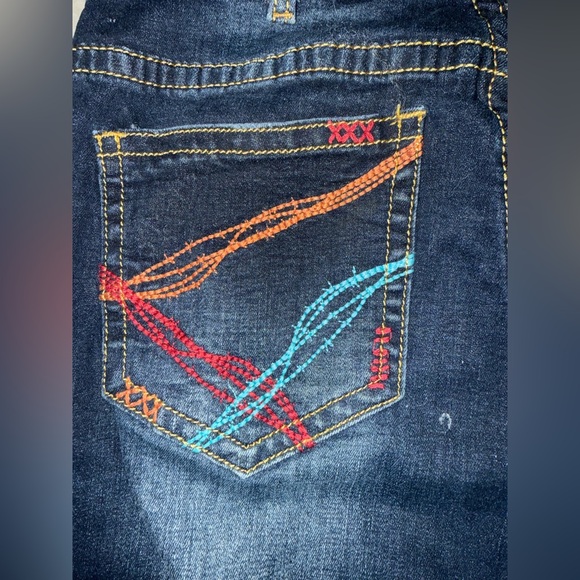 Cowgirl Tuff Dark Wash Flare Jeans with Turquoise & Red Embroidery - Picture 5 of 5